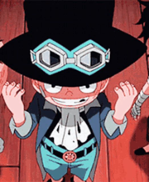 a cartoon character wearing a top hat and goggles is standing on a wooden floor
