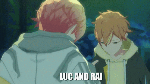 two anime characters are standing next to each other and the words luc and rai are on the screen