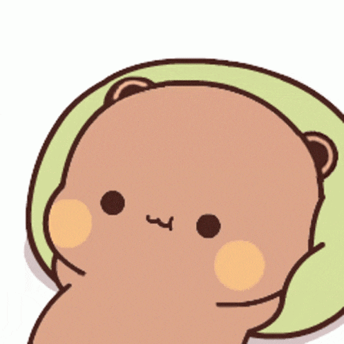 a cartoon bear is laying on a green pillow with a blue circle in its eye