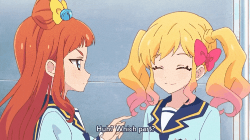 two anime girls are standing next to each other and one of them is asking the other " huh which part "