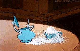 a cartoon of a pitcher with a spoon and a cup of sugar on a table