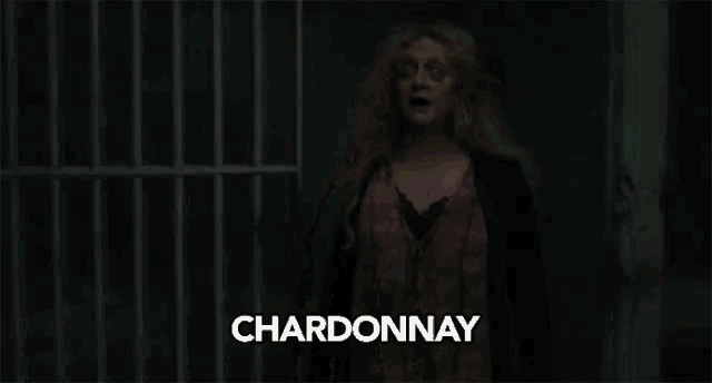 a woman is standing in front of a prison cell with the word chardonnay written on the bottom .