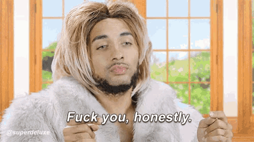 a man wearing a fur coat says fuck you honestly