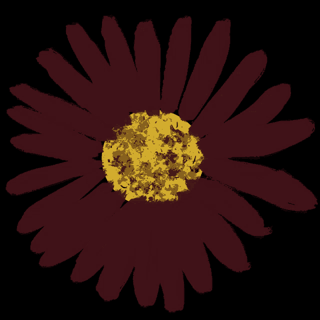 a maroon flower with a yellow center is against a black background