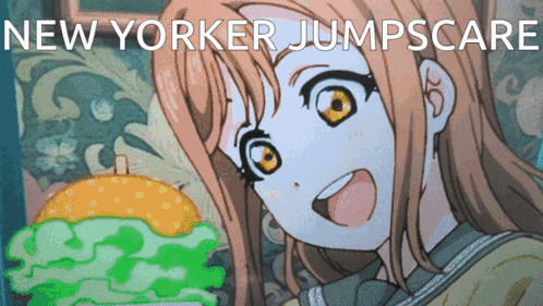 a picture of a girl with the words " new yorker jumpscarf " written above her