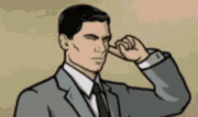 a cartoon of a man in a suit and tie covering his ears with his hand .