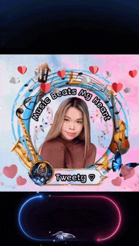 a picture of a girl with the words music beats my heart tweety on the bottom