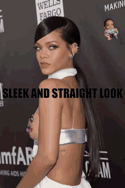 a picture of a woman with the words sleek and straight look on the bottom