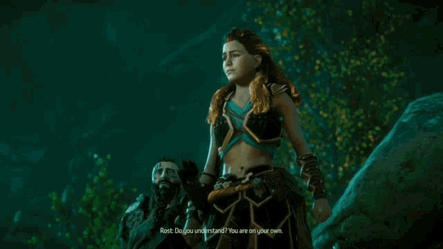 a video game screen shows a woman talking to a man named rosie