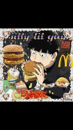a picture of a boy eating a hamburger with the words " silly lil guys " written on it