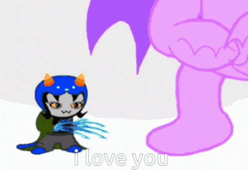 a cartoon character says i love you next to a purple cartoon character