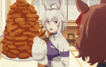 two anime characters are standing in front of a large stack of fried food
