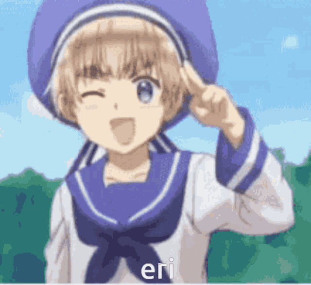 a boy in a sailor suit salutes with the word eri on the bottom right