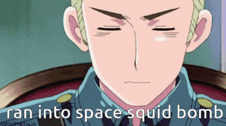 a cartoon of a man with the words " ran into space squid bomb " above him
