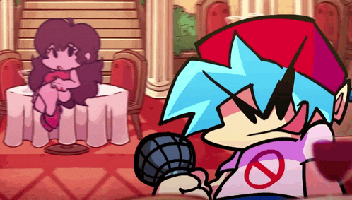 a cartoon character holding a microphone and a girl sitting at a table
