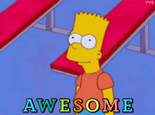 bart simpson from the simpsons is standing in front of a red bench with the words awesome behind him