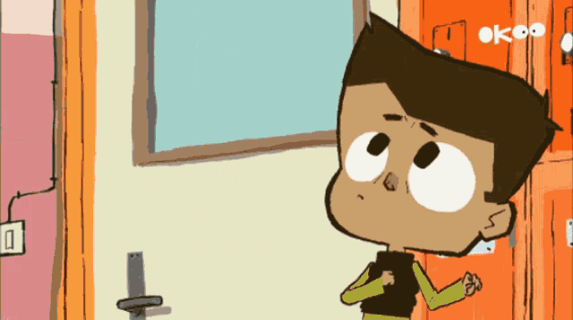 a cartoon of a boy standing in front of lockers with the letters okoo on the bottom
