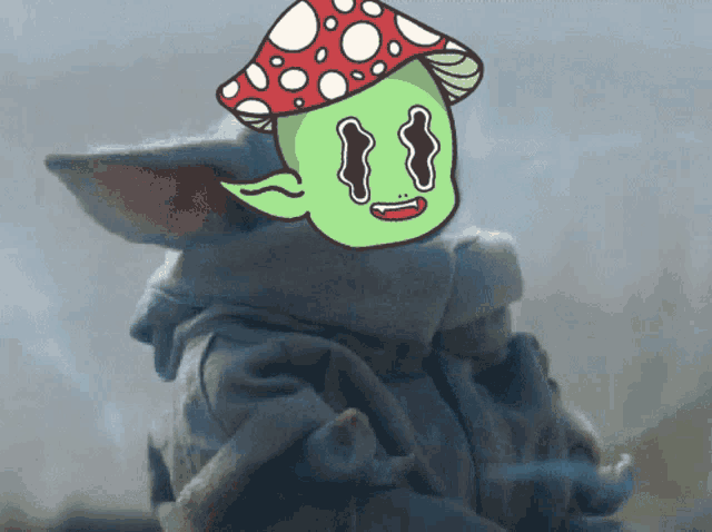 a drawing of a baby with a mushroom hat on his head