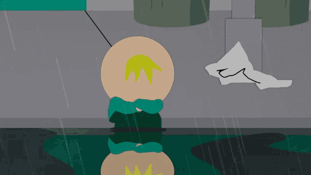 a cartoon character with a yellow mustache is standing in the rain