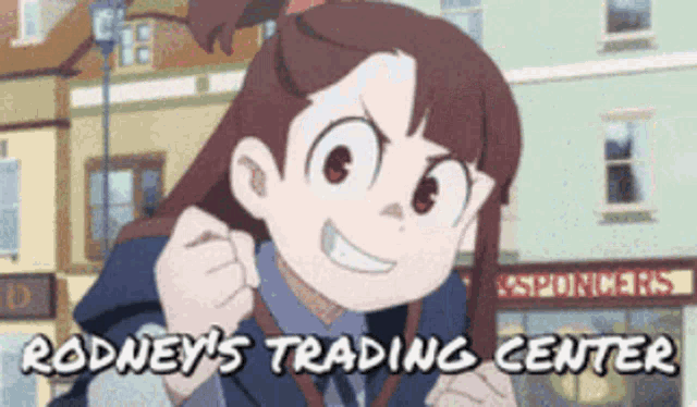 rodney 's trading center has a cartoon girl in front of it