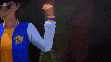 a boy in a blue jacket with a dragon on the sleeve is holding something