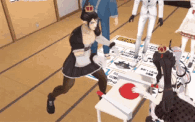 a man in a maid outfit stands in front of a board game