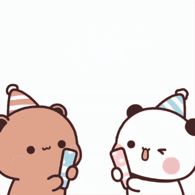 two bears wearing party hats are celebrating their birthday with confetti