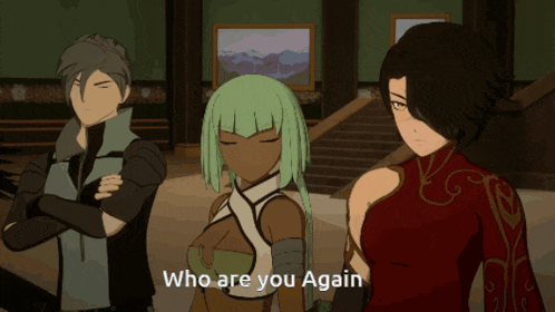 a group of anime characters standing next to each other with the words " who are you again " on the bottom