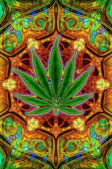 a colorful painting of a marijuana leaf on a colorful background