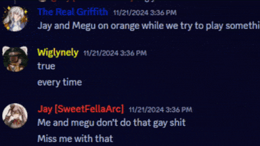 a screenshot of a chat with wiglynely and jay sweetfellaarc