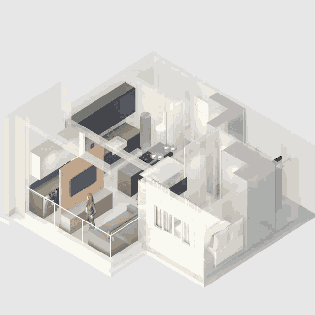 an isometric drawing of a house with a woman sitting on a couch