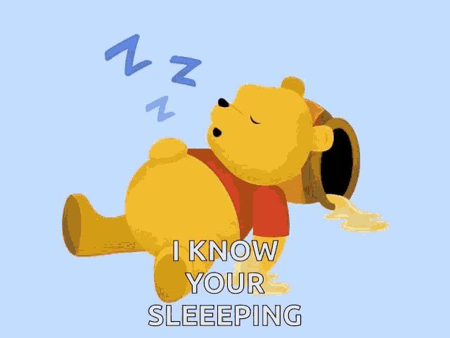 a cartoon of winnie the pooh sleeping with a bucket of honey pouring out of it