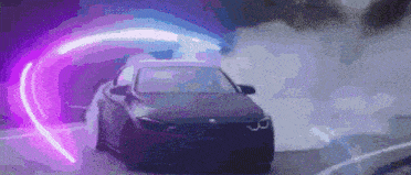 a car is driving down a road with smoke coming out of it and a neon light behind it .