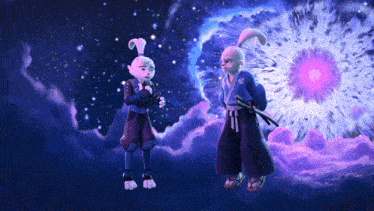 a couple of rabbits standing next to each other with a purple explosion in the background