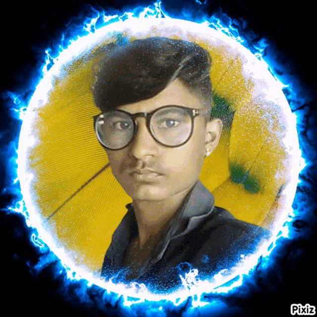 a boy wearing glasses is surrounded by a blue circle with pixiz written at the bottom