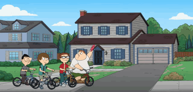 a group of cartoon characters are riding bicycles in front of a house