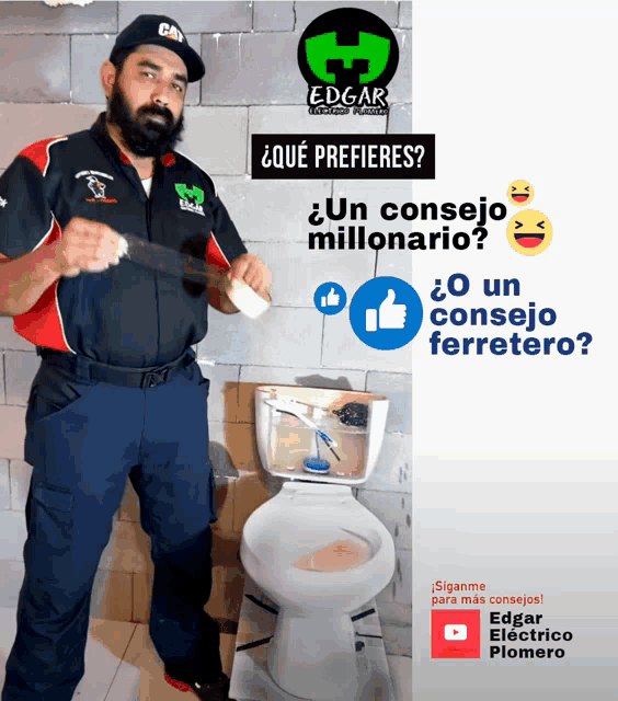 a man with a beard is standing next to a toilet and a sign that says edgar electrico plomero