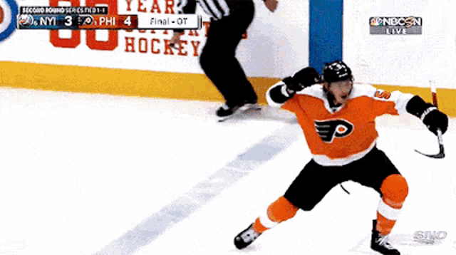 a hockey player in an orange jersey with the letter p on his chest