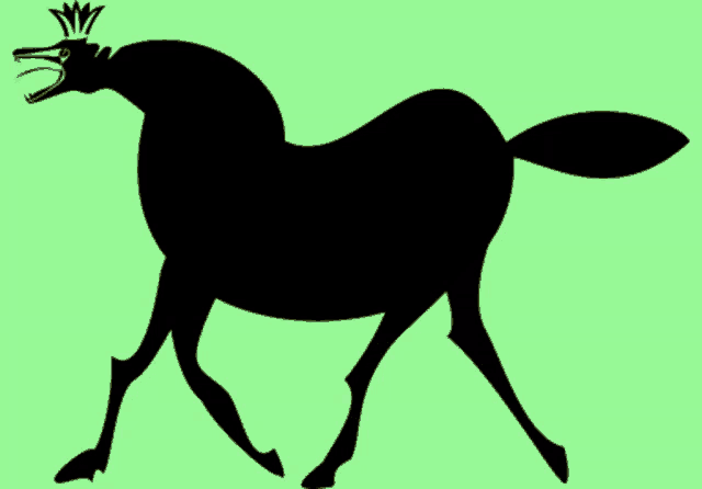 a silhouette of a horse with a crown on its head on a green background