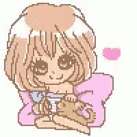 a pixel art illustration of a girl sitting on a pillow holding a cat .