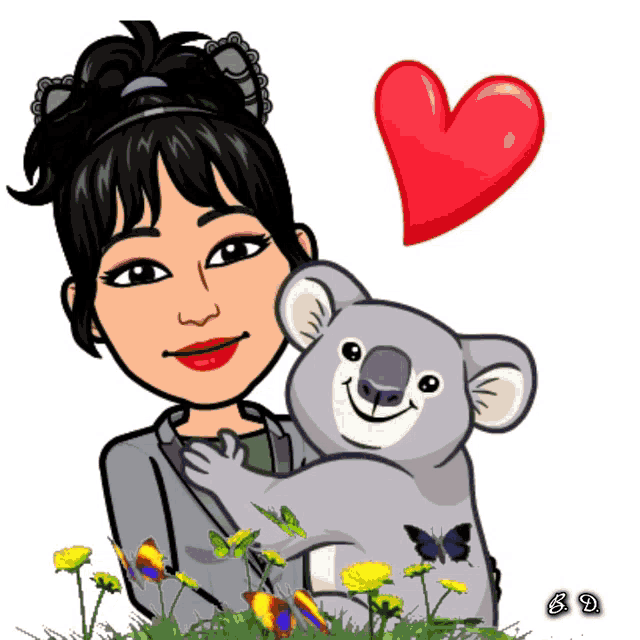 a cartoon of a woman holding a koala bear with a heart above her