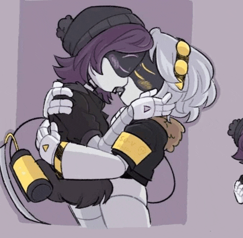 a drawing of two robots kissing with one wearing a purple hat