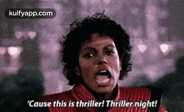 a close up of a person saying `` cause this is thriller ! thriller night ! ``