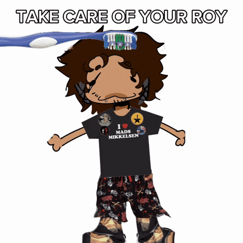 a cartoon of a man holding a bottle of milk with the words take care of your roy below him