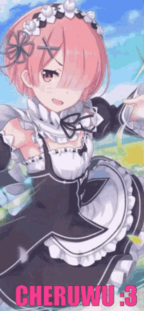 a ram from re zero starting life in another world is wearing a maid outfit and has a flower in her hair .