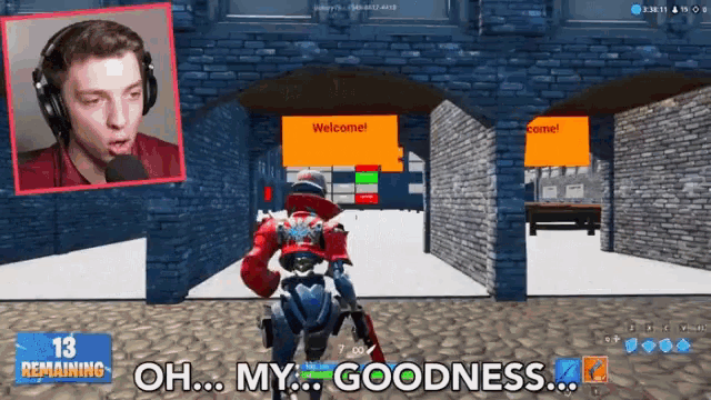 a man wearing headphones is playing a video game with the words oh my goodness