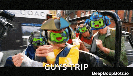 a group of people in a car with the words guys trip on the bottom right