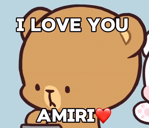 a teddy bear says i love you amiri with a red heart