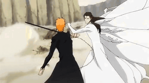 two anime characters are fighting each other with swords