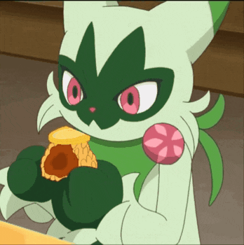 a green and white cat with pink eyes is holding a donut and a lollipop